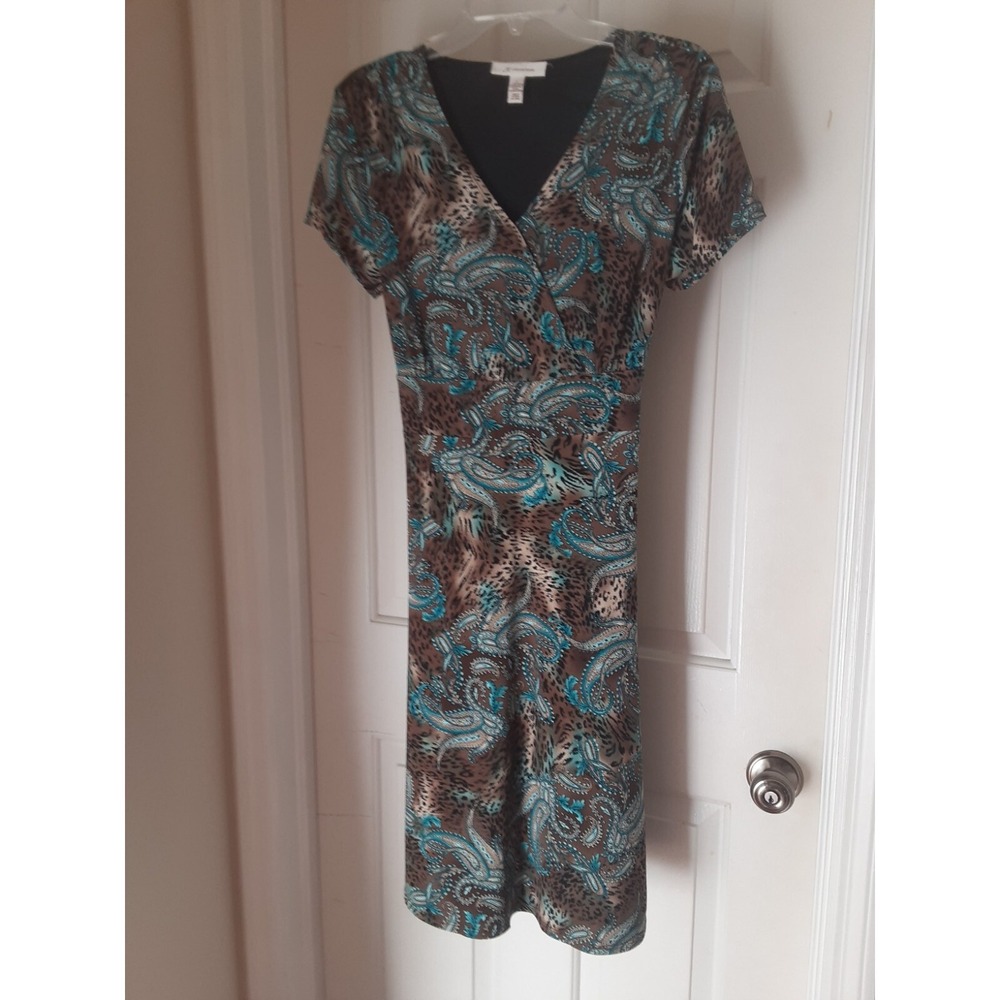 JM Collection Turq,Brn & Blk Paisley & Leopard Print Dress Size S - Picture 1 of 6